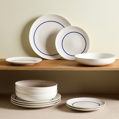 Luna Blue and White Porcelain 12-Piece Dinnerware Set, Service for 4