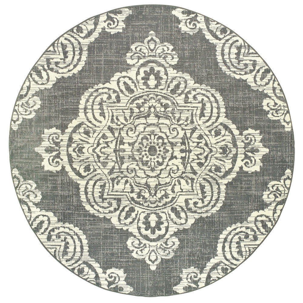 7'10in Round Madeline Overscale Medallion Patio Rug Gray/Ivory