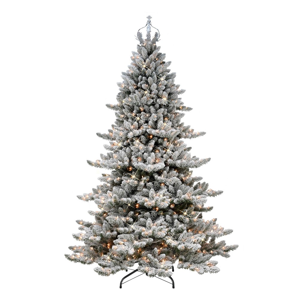 7.5ft Puleo Pre-Lit Flocked Full Royal Majestic Spruce Artificial Christmas Tree with Silver Crown Treetop Clear Lights: Hinged Branches -  83603024