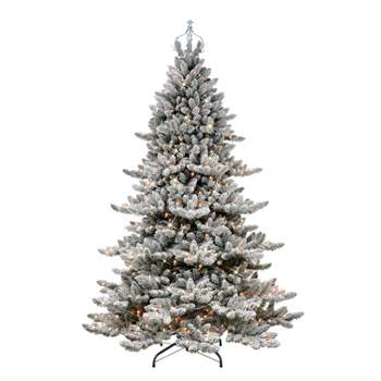7.5ft Puleo Pre-Lit Flocked Full Royal Majestic Spruce Artificial Christmas Tree with Silver Crown Treetop Clear Lights
