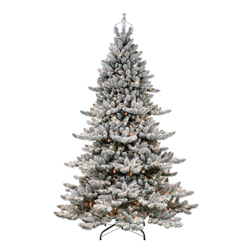 7.5ft Puleo Pre-Lit Flocked Full Royal Majestic Spruce Artificial Christmas Tree with Silver Crown Treetop Clear Lights, 1 of 4