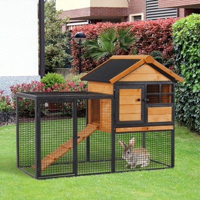 Natural Fir Wood and Metal 2-Level Rabbit Hutch with Asphalt Roof