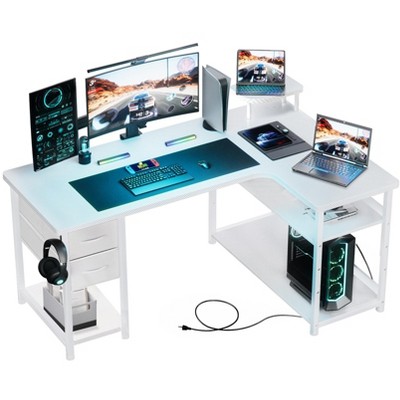 GTRACING L Shaped Gaming Desk with 2 Drawers, Adjustable Shelf Height, Carbon Fiber Office Computer Desk