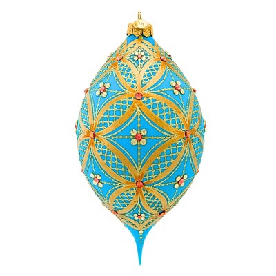 Glitter Lab 7.0 Inch Turquoise Drop With Gold Lace Christmas Tree Ornament , Multi Seasonal Decor Christmas Ornament European (1PC)