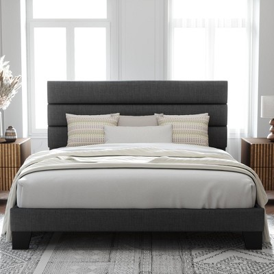 Allewie Platform Bed Frame with Fabric Upholstered Headboard and Wooden Slats Support, Fully Upholstered Mattress Foundation/No Box Spring Needed