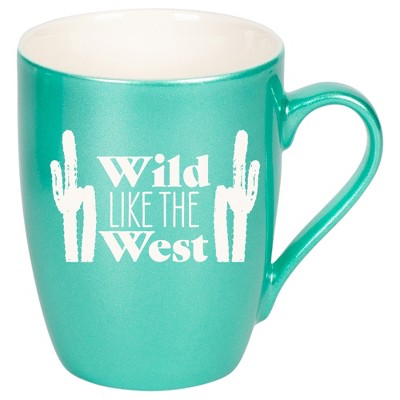 100 North Cactus Design 10 Ounce Seafoam Metallic Finish, Comfortably Fits Your Hands, New Bone China Coffee Tea Cup Mug, Wild Like The West