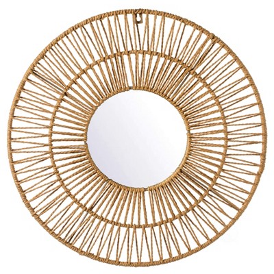 Vintiquewise Decorative Woven Paper Rope Round Shape Bamboo Wood Modern Hanging Wall Mirror