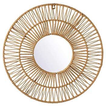 Vintiquewise Decorative Woven Paper Rope Round Shape Bamboo Wood Modern Hanging Wall Mirror
