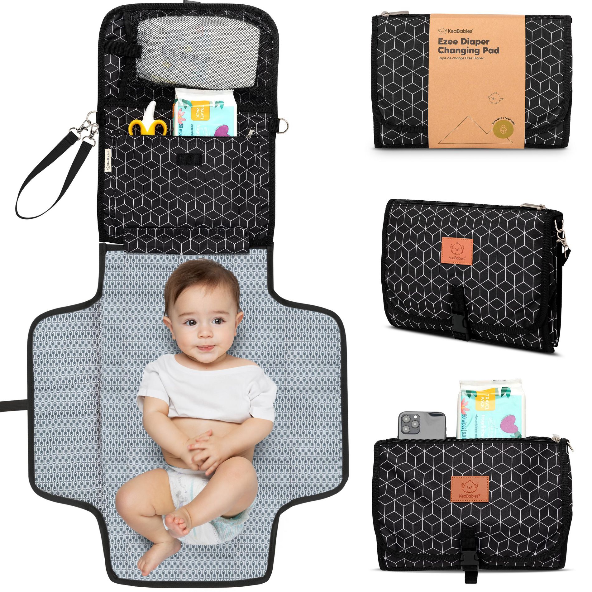 KeaBabies Ezee Diaper Changing Pad, Portable Diaper Changing Mat, Waterproof Foldable Diaper Changing Pad (Black Geo)
