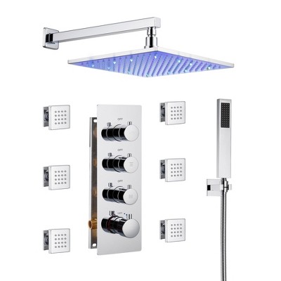 CASAINC Luxury LED 3-Spray Patterns Thermostatic 12 in. Wall Mount Rain Dual Shower Heads with 6-Jet in Chrome