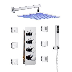 CASAINC Luxury LED 3-Spray Patterns Thermostatic 12 in. Wall Mount Rain Dual Shower Heads with 6-Jet in Chrome - 1 of 4