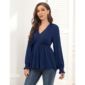 YESFASHION Women's Summer Shirt V Neck Puff Long Sleeve Blouses Ruffle flowy Shirt for Women - 1 of 4