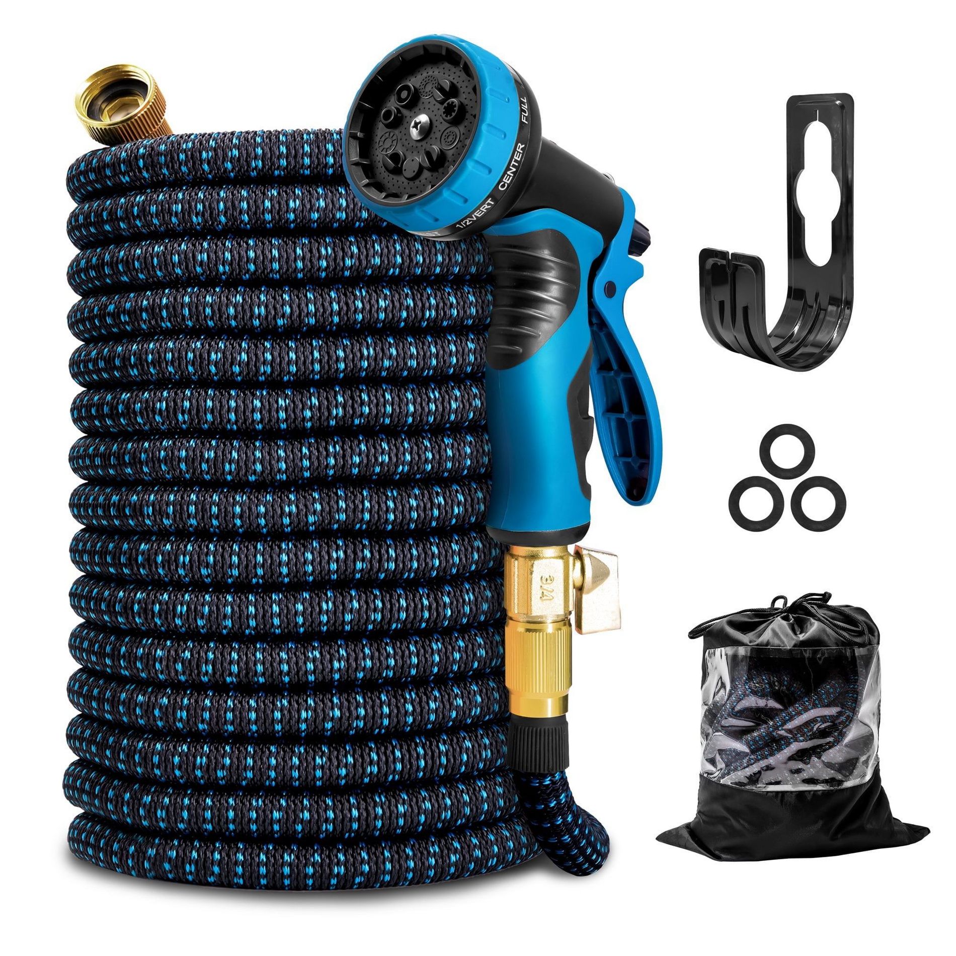 KOTTO Expandable Garden Water Hose, 10 Spray Nozzles, Anti-Rust Solid Brass Connector, Lightweight No-Kink Flexible - Blue 100ft