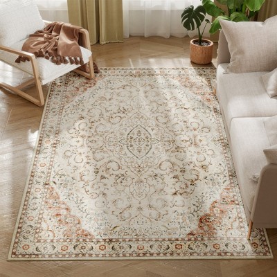 HOMCOM Area Rug 4x6, Machine Washable Rug, Non-Slip Classical Floral Print Floor Carpet for Living Room, Bedroom, Dining Room, Mixed-Brown
