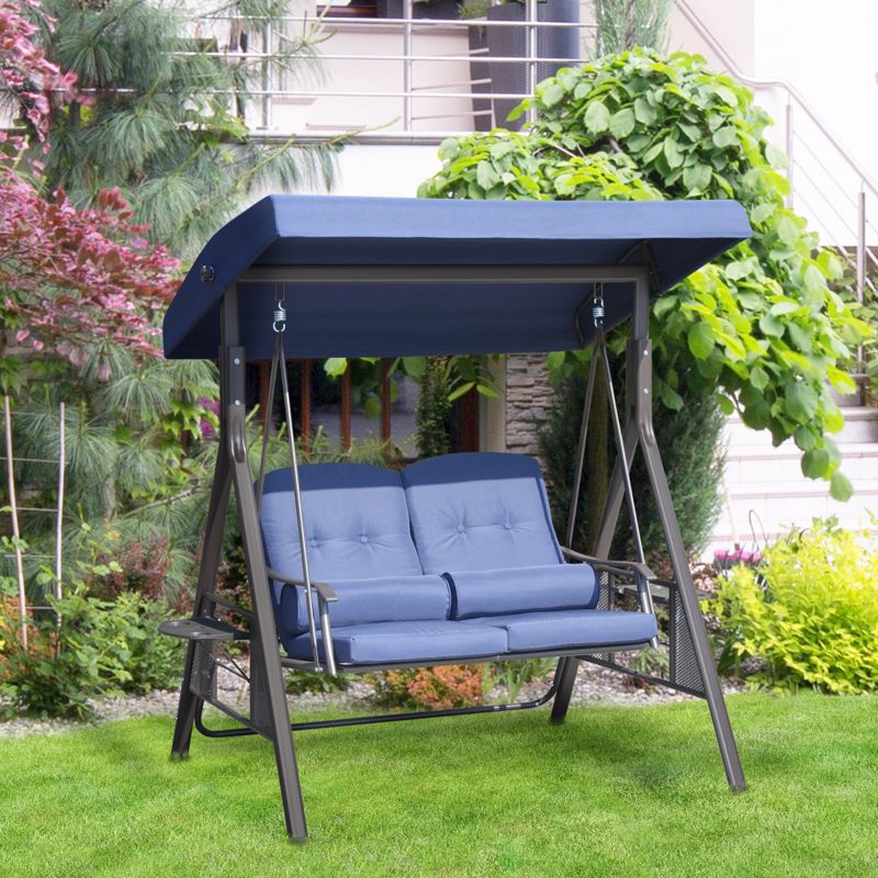 Outsunny 2-Person Patio Swing Chair Outdoor Canopy Swing with Adjustable Shade, Soft Cushions, Throw Pillows and Tray for Garden, Poolside, 2 of 7