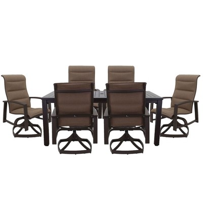 Courtyard Casual Santorini 7 pc 70" Rectangle Motion Dining set  Includes:  One 70" Rectangle Table and Six Padded Swivel Sling Chairs