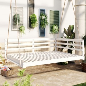 VisioGear Patio Swing Bed Modern Porch Swing Hanging Bed Frame with Hemp Ropes and Single Arm for Garden, Backyard, White, 80"*55"*23.7" - 1 of 4