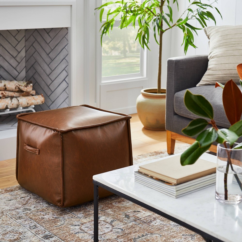 Evanston Leather Cube Pouf - Threshold™ designed with Studio McGee: Bonded Leather, Square Shape, No Assembly Required
