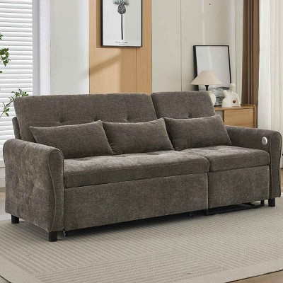 2-in-1 Sofa Bed with Reversible Recliner, 3-Seater Couch with Adjustable Backrests and USB Ports, Foam Sofa with Chenille Cushion-Coolbibila
