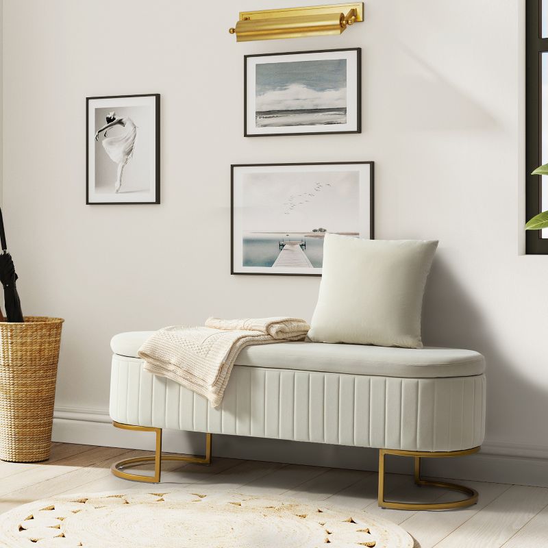 Nuria 49" Wide Modern Upholstered Flip Top Storage Bench with Golden Metal C-shaped Sled Legs for Living Room | ARTFUL LIVING DESIGN, 3 of 10