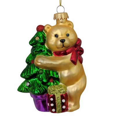 Christmas by Krebs 4" Gold and Green Bear with Gift Box Figurine Christmas Ornament