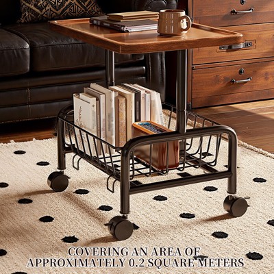 Hachikiko Frame & Walnut Concave Design Rolling Side Table with Storage Basket - 360° Silent Wheeled Mobile End Table