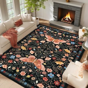 Butterfly Washable Rug - Non-Slip Floral Carpet, Soft Non-Shedding Low Pile Floor Mat for Nursery Dining Room - 1 of 4