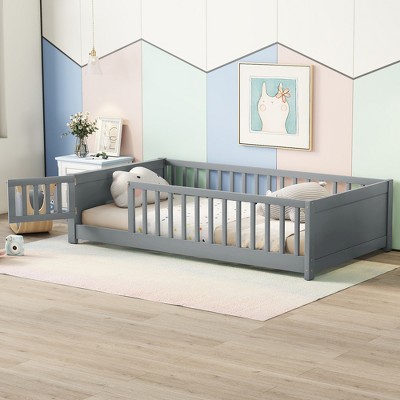 Whisen Twin Size Montessori Floor Platform Bed with Fence Door and Built-in Book Storage Rack on Headboard - Gray