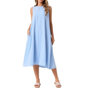 INSPIRE CHIC Women's Linen Sleeveless Crew Neck Shift with Pockets Casual Midi Dress - 1 of 4