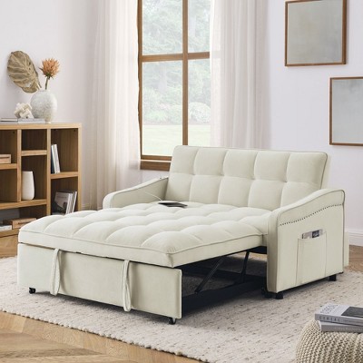 Loveseats Sofa Bed With Side Storage Bag Adjustable Backrest 105° - 180° Copper Nail Decoration Type C USB Charging Pull-Out Bed For Living Room