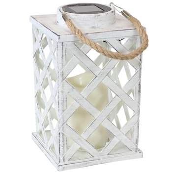 Sunnydaze Outdoor Modern Crosshatch Hanging Tabletop Solar LED Rustic Farmhouse Decorative Candle Lantern - 9"
