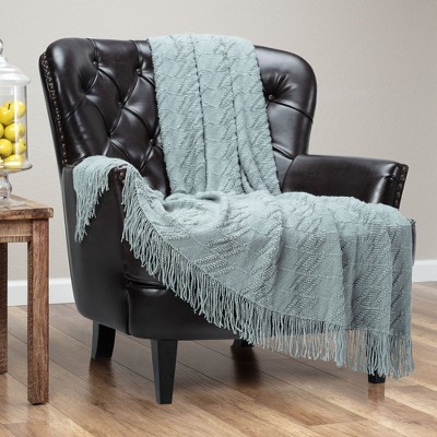 Sage Green Acrylic Knit Throw Blanket with Tassels, 50x65 Inches
