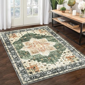 9x12 Area Rug Washable, Low-Pile Rug with Non-Slip Rubber Backing, Boho Vintage Style, Ideal for Bedroom Living Room Home Office Playroom, Blue - 1 of 4