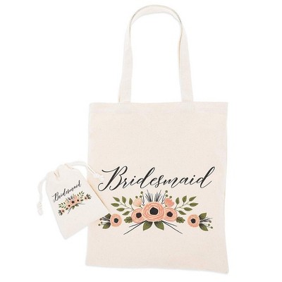 Juvale Bridal Party Bridesmaid Set - 1 Canvas Tote Gift Bag (12x14 in) & 1 Drawstring Pouch (4x6 in)