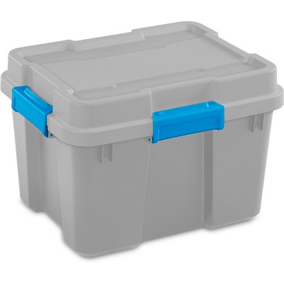 Sterilite 20gal Gasket Tote Gray with Blue Latches: Stackable Plastic Storage Bin with Lid & Handles, Universal Utility Tubs