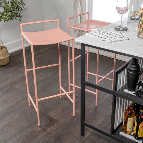 Jonathan Y Svelte 30 Coastal Contemporary Iron Saddle-Seat Low-Back Bar Stool with Foot Rest, Pink Frame