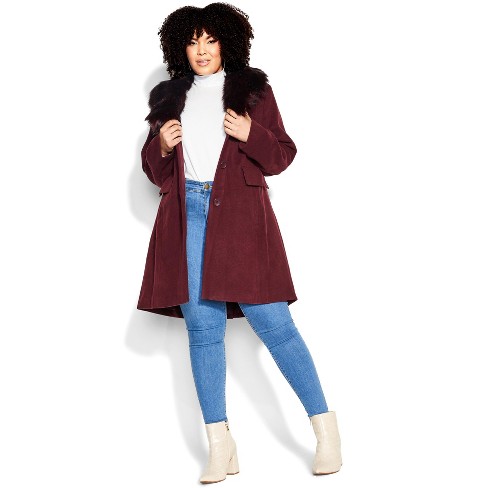 Women's Plus Size Faux Wool Long Coat - Berry