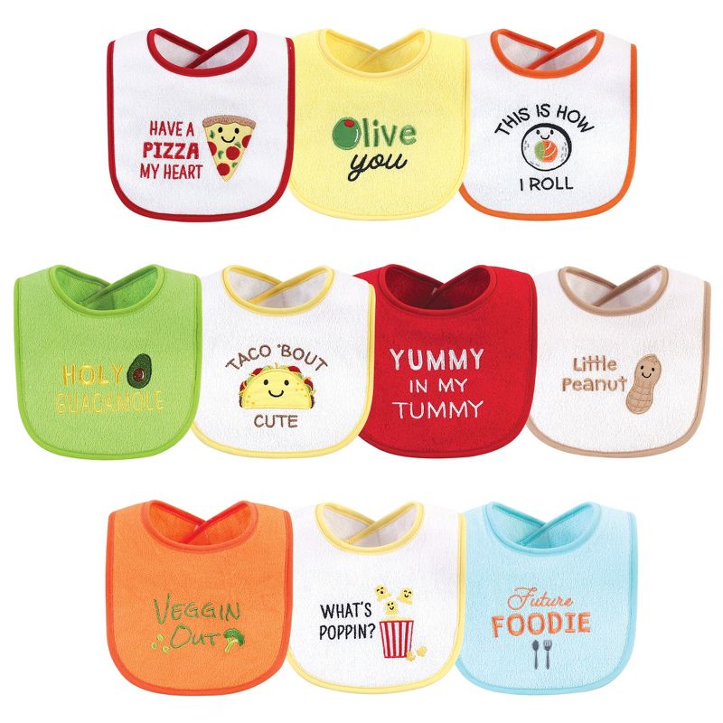Hudson Baby Infant Cotton Terry Drooler Bibs with Fiber Filling 10pk, Neutral Pizza, One Size, 1 of 3