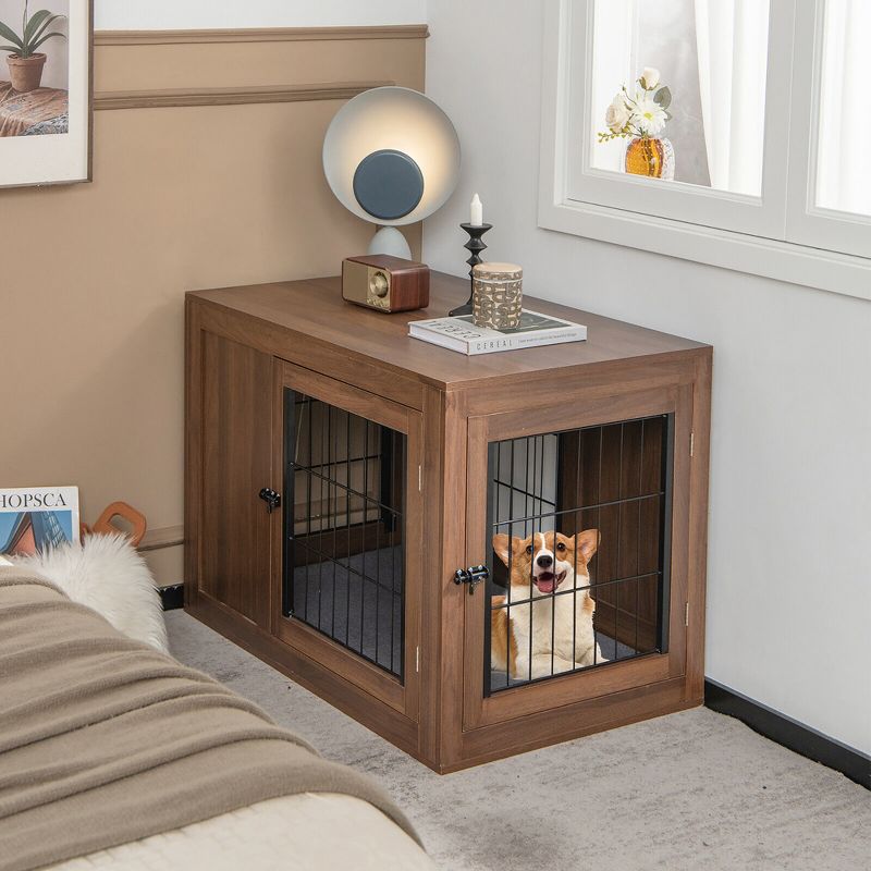 Tangkula Dog Crate Furniture Wooden Pet Kennel Cage End Table w/ Cushion& Double Doors, 4 of 11