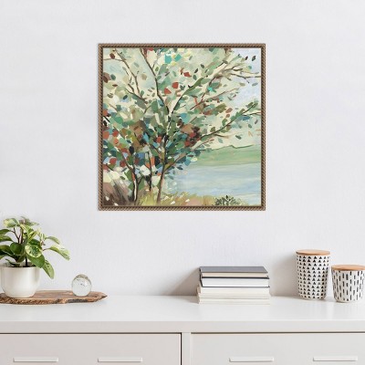 Vibrant Tree Branch Landscape Canvas Print with Brown Frame