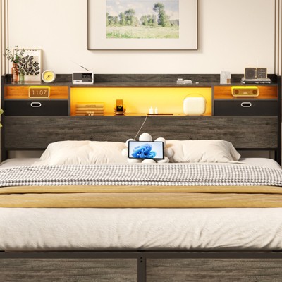 Aheaplus Storage Headboard with Power Outlet and RGB LED Lights, Head Board with Fabric Drawers