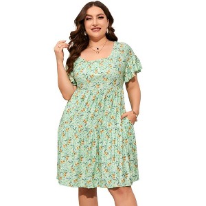 Womens Plus Size Dress Ruffle Sleeve Flowy Dress with Pockets - 1 of 1