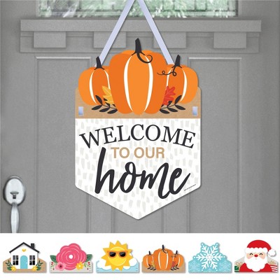 Big Dot of Happiness Holiday Welcome to Our Home - Hanging Seasonal Sign - Interchangeable Door Decor