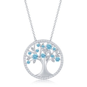 Bella Silver Sterling Silver 'March' Birthstone Tree of Life Necklace - Aqua CZ - Aqua - 16+2 Inch - 1 of 2
