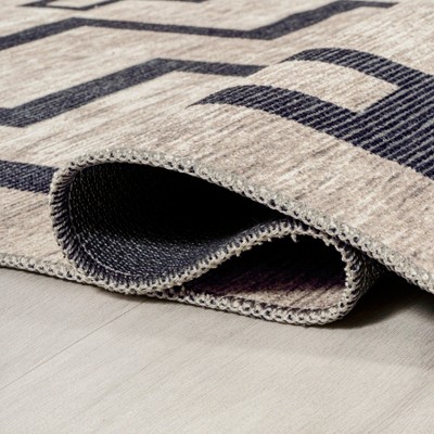 Ivory and Dark Gray Geometric Synthetic 2x8 Runner Rug