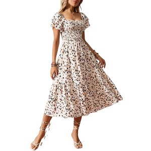 Clearlove Womens Summer Casual Dresses Ruffle Sleeve V Neck Midi Dress Flowy Tiered Dress with Pockets Boho Sundresses - Apricot,XS