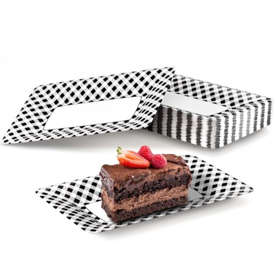 DYLIVeS Black and White Buffalo Plaid Plates, Black Checkered Disposable Paper Food Trays for Dessert Appetizers Snack Hotdog Rectangular Platters