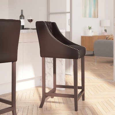 Brown Faux Leather Tufted Barstool with Nail Trim