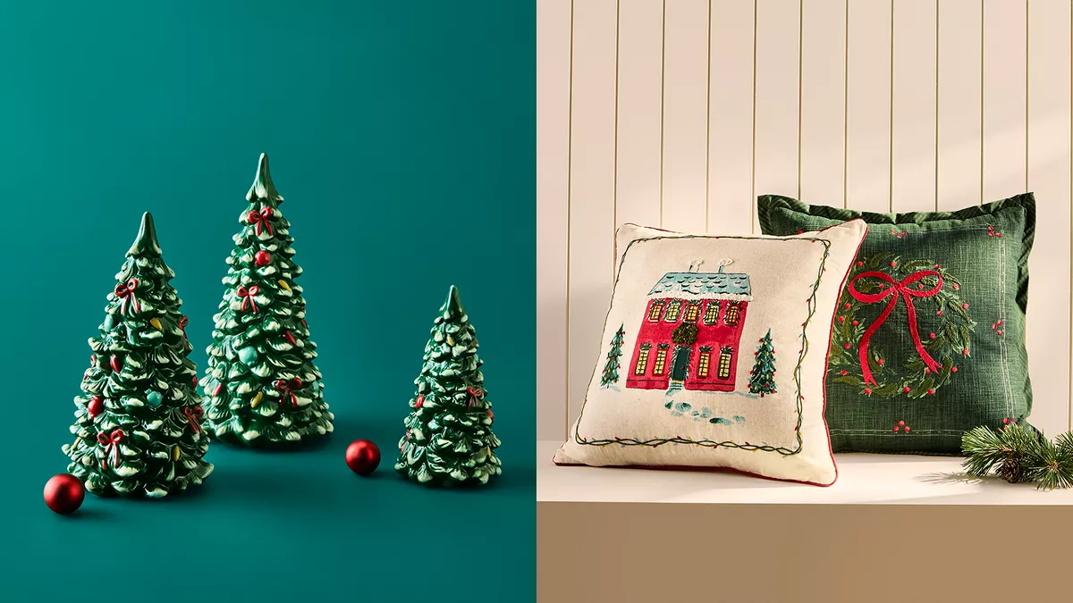 A festive collage of holiday decor, including a greenery wreath, tree-shaped candles, gold reindeer, embroidered pillows, a wicker house and ceramic trees.