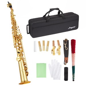 Brass Straight Soprano Saxophone Set with Case, Cork Grease, Cloth, Neck Strap, Brush, Gloves & Reed - Pro-Grade for School Band & Practice - 1 of 4